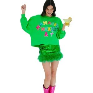 Judith March Vibrant Green Sequin Skirt with Feather Trim